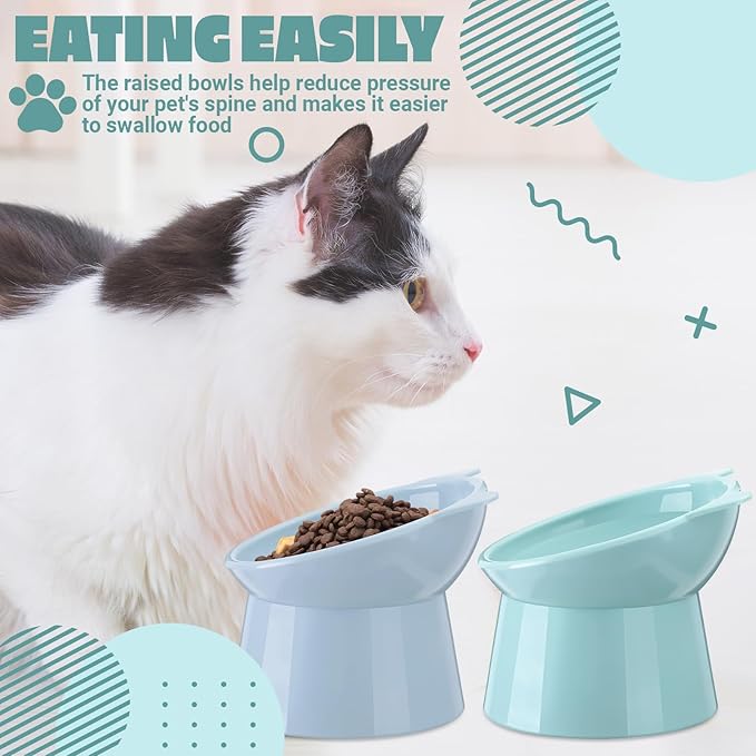 Zhehao 2 Pieces Plastic Raised Bowl Tilted 15 Degrees Elevated Cat Food and Water Bowls Set Anti Vomit Dog Kitten Food Dishes Pet for Cats and Small Dogs(Cat Ears,Light Green, Blue)