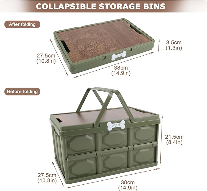Outdoor Dog Toy Bin wtih Handles,Collapsible Dog Stuff Organizer Portable,Pet Storage Basket with Wood Cover for Dog Toys/Snack/Camping Essentials,Ideal for Car Trunk,RV Trip,Picnic-Green