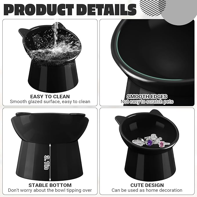 Zhehao 2 Pieces Plastic Raised Bowl Tilted 15 Degrees Elevated Cat Food and Water Bowls Set Anti Vomit Dog Kitten Food Dishes Pet for Cats and Small Dogs(Cat Ears,Black)