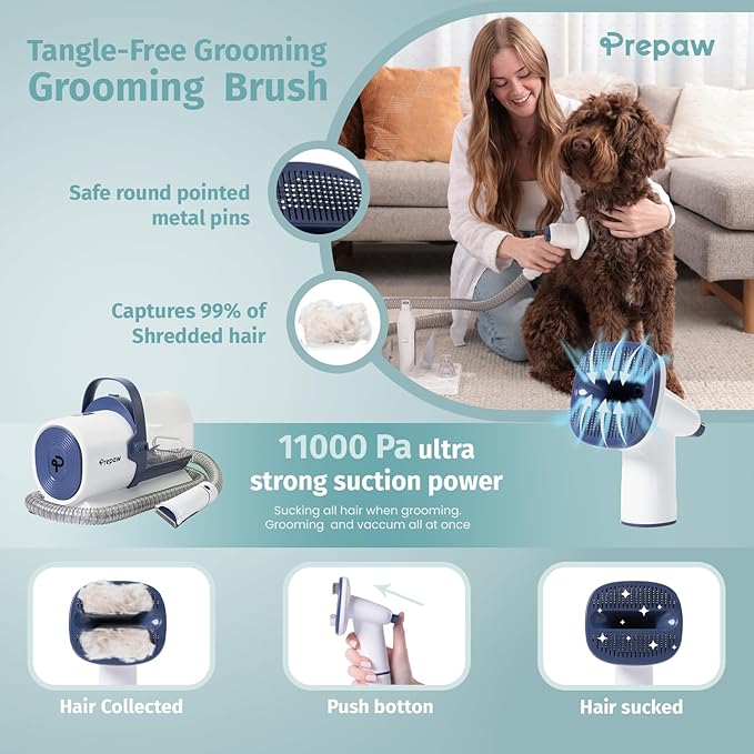 4-in-1 Pet Grooming Kit with Vacuum for Dog Shedding, 11000Pa Suction Power, Whisper Quiet, USA Design, Multi-Filtration System, 2.5L Trash Can, Auto-Protection, Low Noise, Home Grooming