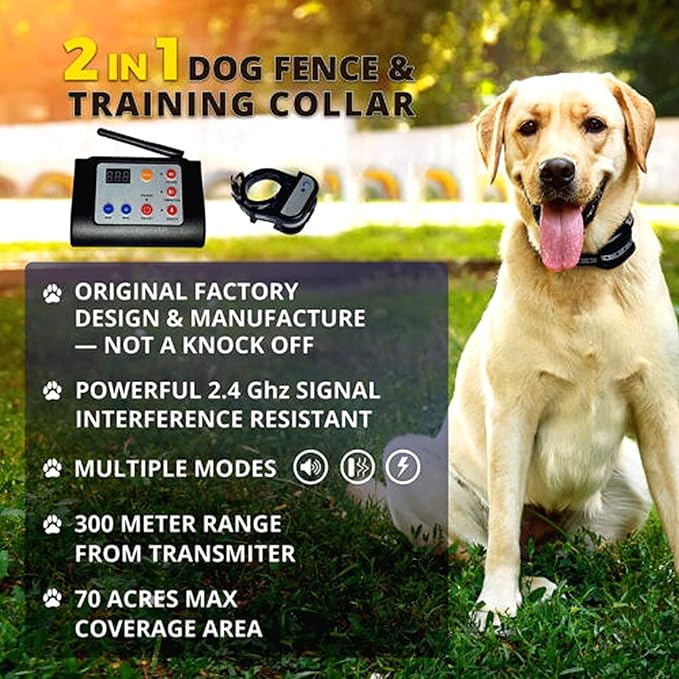 Wireless Electronic Pet Dog Fence System and Dog Training Collar 2-in-1,Boundary Container for All Dogs,with Shock/Tone Correction,Waterproof Reflective Stripe Collar,Harmless,for 1 2 3 dogs,for1dog