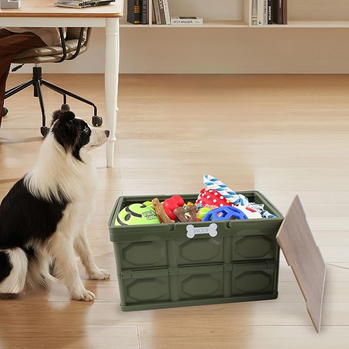 Outdoor Dog Toy Bin wtih Handles,Collapsible Dog Stuff Organizer Portable,Pet Storage Basket with Wood Cover for Dog Toys/Snack/Camping Essentials,Ideal for Car Trunk,RV Trip,Picnic-Green