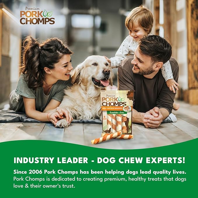 Pork Chomps Baked Pork Skin Dog Chews, 6-inch Twists, Real Chicken Wrap, 4 Count
