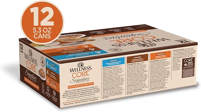Wellness CORE Signature Selects Shredded Adult Wet Cat Food, Natural, Protein-Rich, Grain Free, 5.3 Ounce, 12 Pack (Poultry Variety Pack)