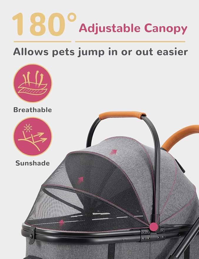 Dog Stroller for Small Medium Dogs Up to 60lbs, 4 Wheels Folding Pet Stroller with Detachable Carrier, Pet Travel Carrier for 2 Dogs & Cats, Storage Basket, Breathable, Grey