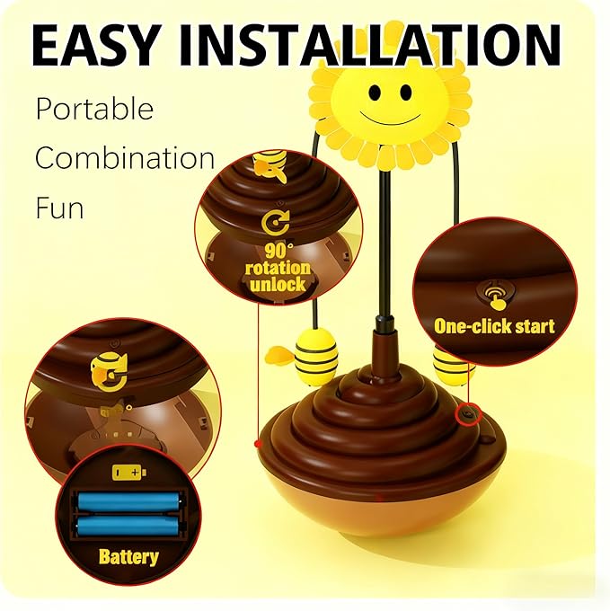 Wobble Cat Toy, an Adorable Interactive Rolling pet Toy Featuring Fun Sunflower Decorations and Feathers to Ignite Your Cat's Hunting Instincts. (Yellow)