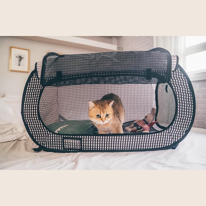Necoichi Stress-Free Enclosure Cat Travel Carrier Cage 31.8" L x 20.0" W x 20.0" H Collapsible Gray White Stripes | Pop up Kannel, Crates