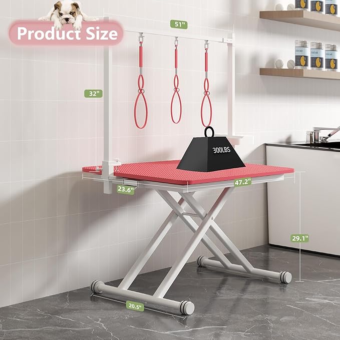 VFK 47" Adjustable Dog Grooming Table with Storage Box & Metal Basket Manual Height-Adjustable Pink Pet Grooming Table for Dogs at Home Use, Waterproof Scratch-Resistant Surface, X-Frame Design