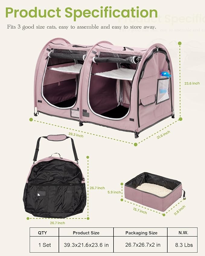 Portable Twin Compartment Show House Cat Cage Condo,Comfy Puppy Home Dog Travel Crate with Carry Bag/2 Hammocks/Mats & Collapsible Litter Box and Water Bottle
