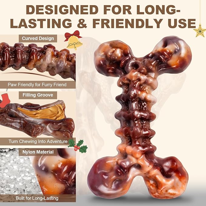 Dog Toys for Aggressive Chewers - 3 Pack Bacon Flavored Indestructible Dog Toy, Big Tough Chew Bone for Medium Large Breed 25-80lbs to Keep Them Busy, Holiday Dog Gift (Brown)