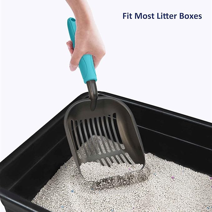 WePet Cat Litter Scoop, Non-Stick Plated Aluminum Alloy Sifter, Kitty Durable Metal Scooper, Deep Shovel, Long Handle, Kitten Pooper Lifter, Size Large, Coated Black Body with Turkish Blue Handle