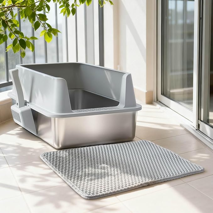 2PCS XL Stainless Steel Cat Litter Box with Lid,Metal Litter Box High Sides for Big/Multiple Cats,Open Design,Indoor,1-Mat and 1-Scoop,Easy to Clean, No Odor,Anti-Urine Leakage