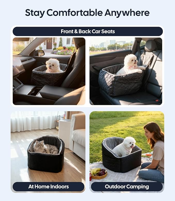 Wigoo Dog Booster Car Seat for Small & Medium Dogs up to 35 lbs, Elevated Pet Seat with Comfort Support, Detachable & Washable Cover, Storage Pockets, and Dog Safety Belt (Black/Grey)