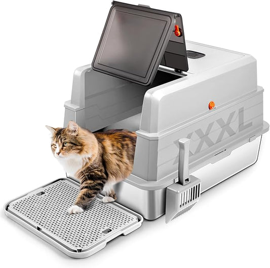 XXXL Stainless Steel Litter Box with Lid, Extra Large 28" L x 20" W x 17" H Enclosed Metal Cat Litter Box with Litter Scoop & Foot Pedal, Odor Control for Big Cats, Multiple Cats (Light Grey)