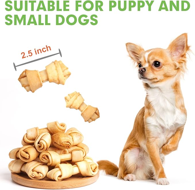 MON2SUN Dog Rawhide Knot Bones Small Rawhide Bones Mini Chews Chicken Flavour 2.5 Inch 60 Count for Puppy and Small Dogs
