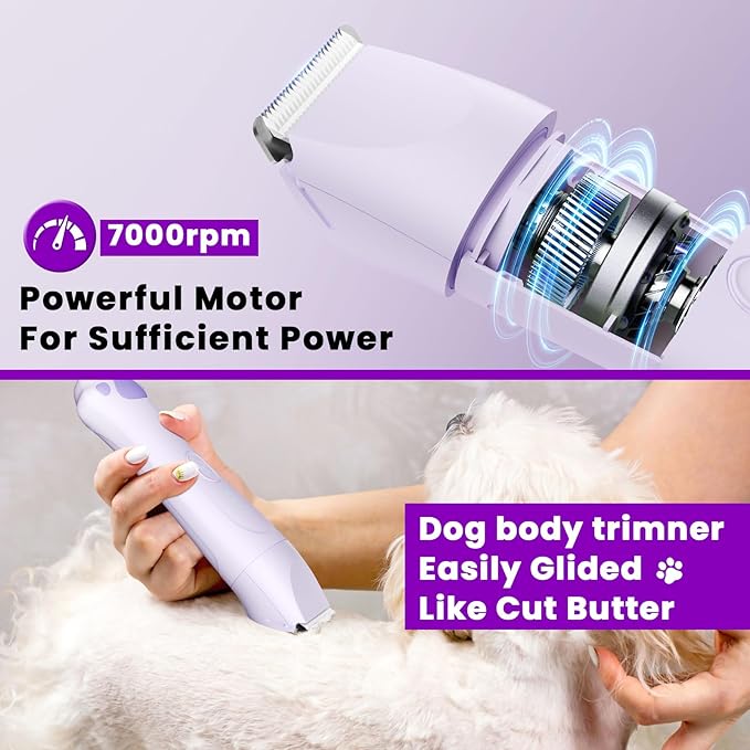Dog Paw Trimmer - 4-in-1 Dog Clippers Grooming Kit with Low Noise & IPX7 Waterproof Design Includes Comb Paw Trimmer Nail Grinder - Rechargeable & Cordless Pet-Friendly Clipper (Purple)