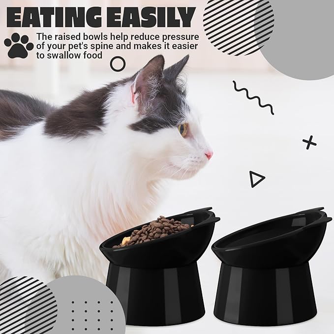 Zhehao 2 Pieces Plastic Raised Bowl Tilted 15 Degrees Elevated Cat Food and Water Bowls Set Anti Vomit Dog Kitten Food Dishes Pet for Cats and Small Dogs(Cat Ears,Black)