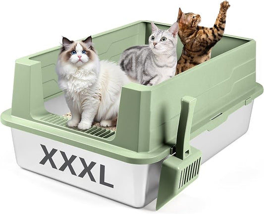 XXXL Stainless Steel Litter Box, 27.6" H x 19.7" W x 11.8" H Extra Large Metal High Sided Cat Litter Box with Scoop, Leak-Proof, Easy Clean for Big Cats/Multiple Cats (Green)