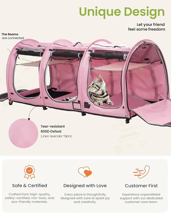 Portable Three Compartment Show House Cat Cage Condo - Easy to Fold & Carry Kennel - Comfy Puppy Home & Dog Travel Crate with Portable Carry Bag,2 Hammocks,3 Mats and Collapsible Litter Boxs
