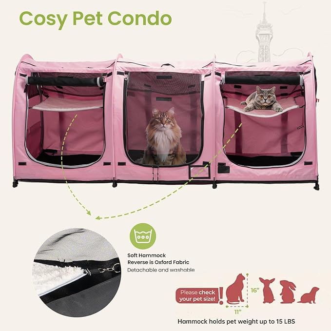 Portable Three Compartment Show House Cat Cage Condo - Easy to Fold & Carry Kennel - Comfy Puppy Home & Dog Travel Crate with Portable Carry Bag,2 Hammocks,3 Mats and Collapsible Litter Boxs