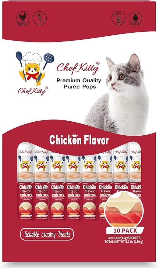Purée Pops, Cat Treats, Grain-Free, Lickable, Squeezable Creamy Cat Treat/Topper with Vitamin E & Taurine, 0.5 Ounces Each Tube, 10 Tubes, Chicken Flavor