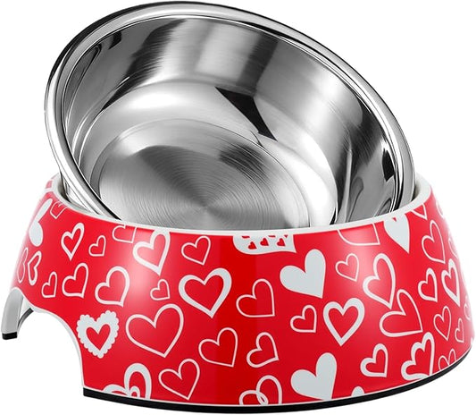 Valentine's Day Pet Food Bowl for Small Dog Cat, Red White Heart 2 in 1 Valentine Dog Food Water Bowl Stainless Steel Ceramic Stackable Pet Dish Water Feeder Non Slip Easy Clean,Small Size