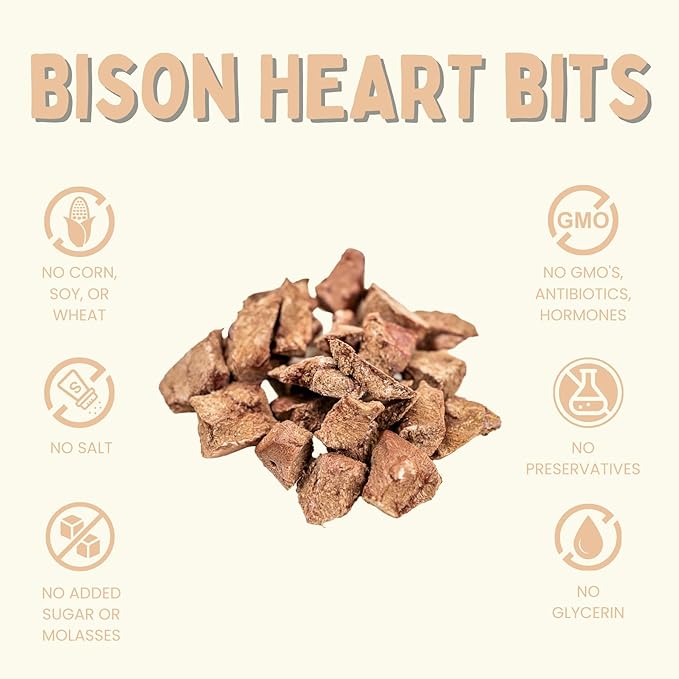 Winnie Lou The Canine Co. Grass-Fed Bison Heart Bits Cat Treats (Pack of 3) - Single Ingredient, High Protein Cat Food Snacks, Grain Free & Made in USA, with Taurine, Iron & Zinc for Healthy Cats