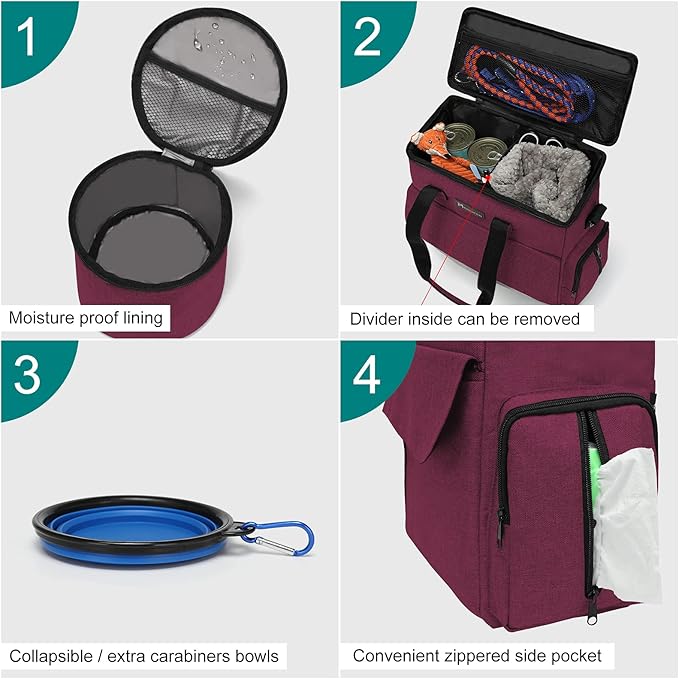 Airline Approved Pet Travel Bag, Weekend Travel Set for Dog and Cat, Airline Approved Tote Organizer with Multi-Function Pockets, 2 Dog Food Storage Containers, 2 Collapsible Bowls (Rose Red)