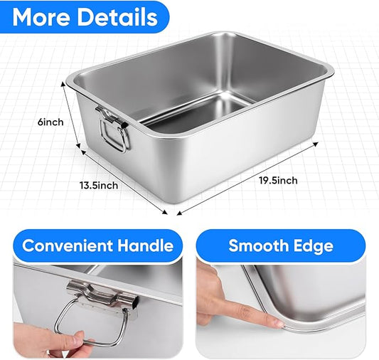 2 Pack Stainless Steel Litter Box with Handle for Cat and Rabbit, 19.5" L x 13.5" W x 6" H, Odor Control Litter Pan, Fold-able Feeding Plate, Non Stick Smooth Surface