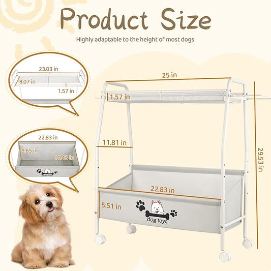 Liitrton Large Dog Toy Basket, Mobile Dog Toy Bin with Dog Organizer Storage Rack, 2-Tier Dog Toy Box for Living Room Area Holder Storage Dog Cat Accessories, Pet Leashes, Food & Clothes