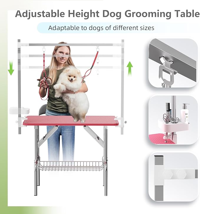 VFK 36''/47''Large Dog Grooming Table, Foldable Pet Station at Home, Dog Grooming Table,Adjustable Cat Drying Desktop with Arms, Nooses, Mesh Tray (Stainless Steel pet Table, 36" Pink)