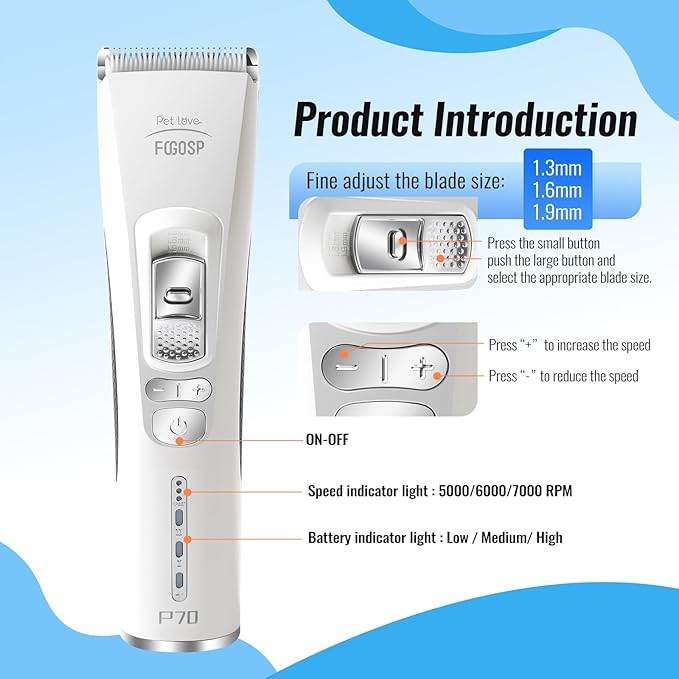 Dog Clippers for Grooming with 1 Dog Grooming Comb 3-Speed Low Noise Powerful Rechargeable Cordless Pet Grooming Trimmers for Small & Large Dogs Cats Pets with Thick & Heavy Coats