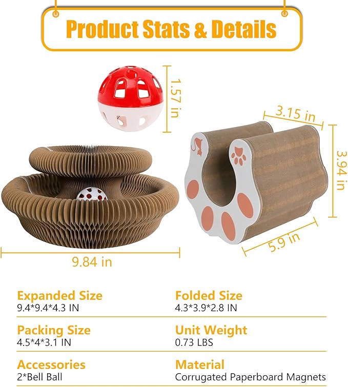 2 Pack Kitty Kurlz Cat Scratcher Board – Cat Scratching Toy with with Bell Balls, Interactive Cat Toy Scratch Pad for Claw Care and Furniture Protection