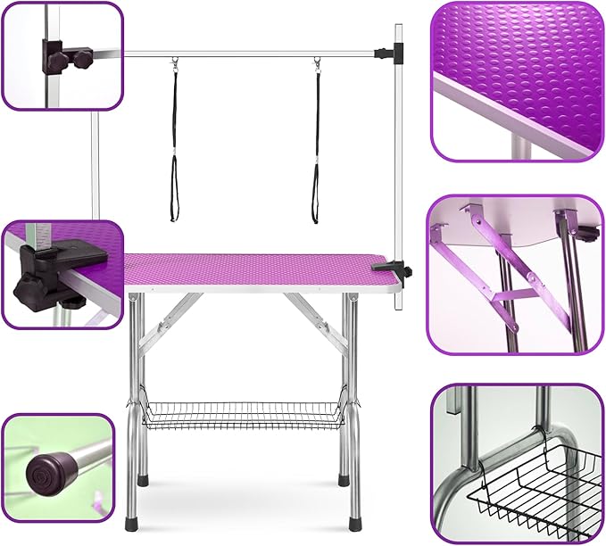 Pet Grooming Table, 46" Adjustable Height Dog Grooming Table with H-Type Arm & Stainless Steel Legs, Non-Slip E1 Grade Top, Tool-Free Folding, Portable for Professional & Home Use (Purple, 46inch)