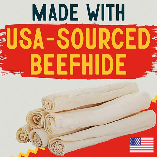 Canine Chews 10-11" Rawhide Bones for Large Dogs, Durable USA Beefhide Dog Rawhide Chews, Retriever Rolls 20 Pack (5 lbs)