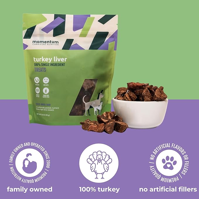 Momentum Carnivore Nutrition Freeze-Dried Turkey Liver Dog Treats – Single-Ingredient, Dog & Cat Treats – High-Protein, Grain-Free– 3.5 oz Bag