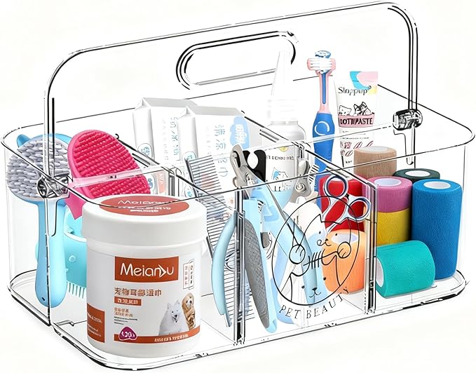 Clear Dog Storage Organizer,Pet Grooming Supplies Organizer with Handle,5 compartments Countertop Caddy, Storage Bin for Dog Cat Grooming Kit,Trimmer,Clipper,Combo,Brush