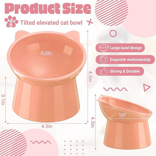 Zhehao 2 Pieces Plastic Raised Bowl Tilted 15 Degrees Elevated Cat Food and Water Bowls Set Anti Vomit Dog Kitten Food Dishes Pet for Cats and Small Dogs (Cat Ears,Peach)