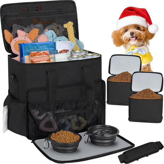 TORIBIO Dog Travel Bag,Large Pet Travel Bag for Supplies with 2 Food Container and Collapsible Bowls,Dog Travel Supplies Organizer Kit for Weekend,Road Trips,Camping