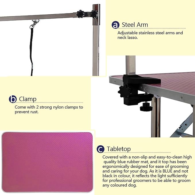 Pet Grooming Table, 46" Adjustable Height Dog Grooming Table with H-Type Arm & Stainless Steel Legs, Non-Slip E1 Grade Top, Tool-Free Folding, Portable for Professional & Home Use(Pink, 46inch)