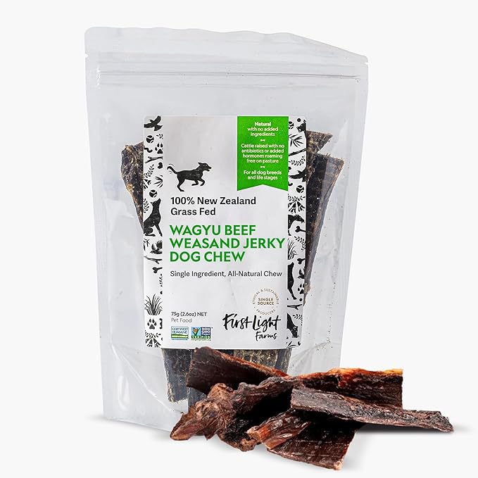 First Light Farms Wagyu Beef Esophagus Dog Treats | Gullet Sticks for Dogs | Esophagus Jerky Treats | All Natural Weasand Chews, 4-5 Count | Healthy Treats for Teeth, Mental Stimulation, Joint Support