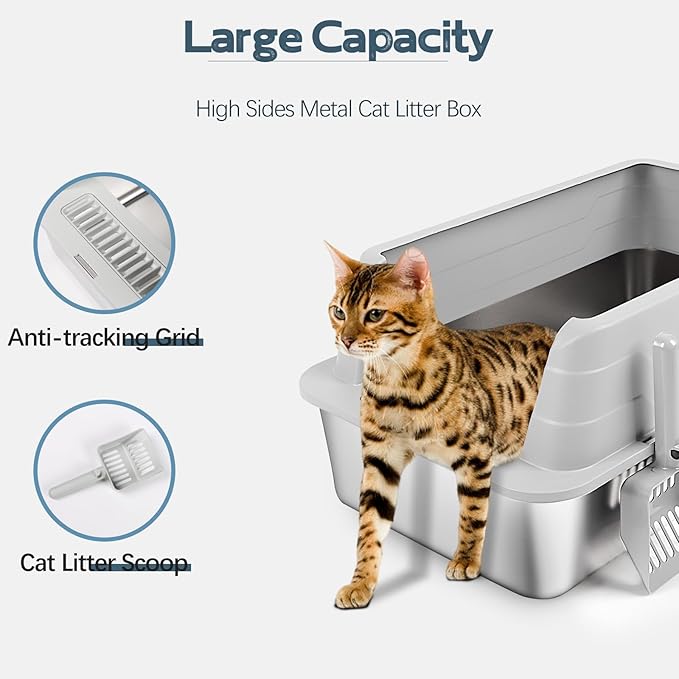 3 Pack Stainless Steel Litter Box, XL 22.9” x 15” x 10.3” High Sided Metal Cat Litter Tray with Scoop, Cat Litter Box for Anti-Splash, Non-Sticky, Easy to Clean (Light Grey)