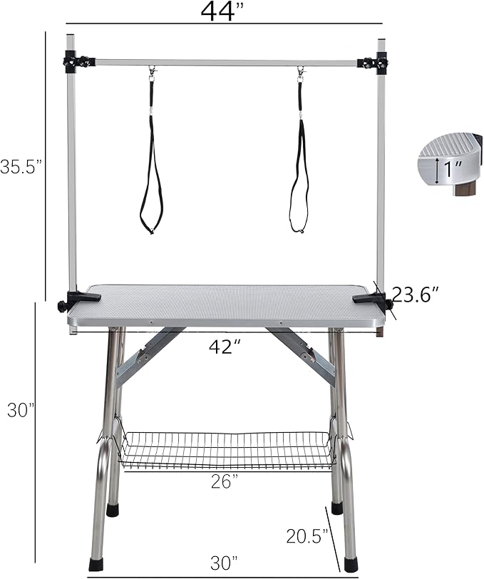 Pet Grooming Table, 42" Adjustable Height Dog Grooming Table with H-Type Arm & Stainless Steel Legs, Non-Slip E1 Grade Top, Tool-Free Folding, Portable for Professional & Home Use(Silver grey, 42inch)