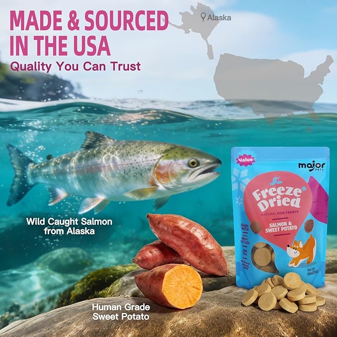 MAJOR PETS Freeze Dried Dog Treats, Wild-Caught Salmon & Sweet Potato, 100% Natural, Single High Protein, Rich in Omega-3, Grain Free, Healthy Training Bites & Meal Topper, Made in The USA, 2.5oz