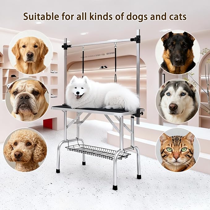 Pet Grooming Table, 36" Adjustable Height Dog Grooming Table with H-Type Arm & Stainless Steel Legs, Non-Slip E1 Grade Top, Tool-Free Folding, Portable for Professional & Home Use(Blakc, 36inch)