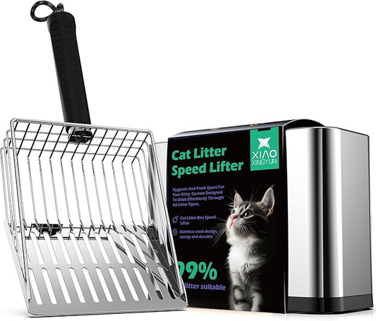 XIAOXINGYUN Stainless Steel Cat Litter Scoop, Metal Cat Litter Scooper with Holder, Heavy-Duty Cat Scooper with Coarse and Fine Grids for Quick Screening and Easy Cleaning
