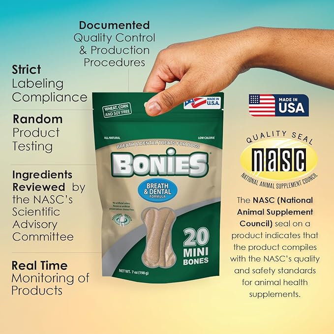 Bonies Natural Breath and Dental Formula Minis-Sized Single Bone - All-Natural Ingredients, Fresh Breath, Cleans Teeth, Low Calories, Chicken Flavor, MINI Dogs, 20 Bones