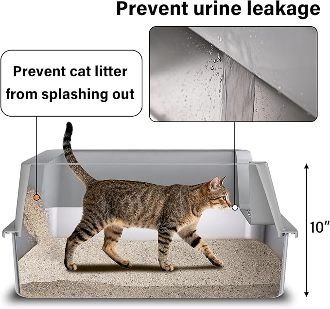 2PCS XL Stainless Steel Cat Litter Box with Lid,Metal Litter Box High Sides for Big/Multiple Cats,Open Design,Indoor,1-Mat and 1-Scoop,Easy to Clean, No Odor,Anti-Urine Leakage