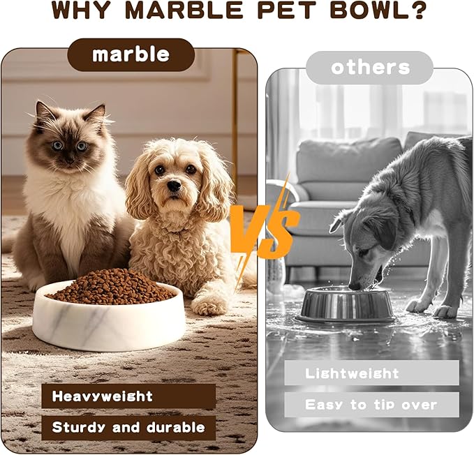 White Marble Dog Bowl, Non-Slip Dog Food Water Bowl, Small Weighted Stone Dish, Natural Marble Heavy Pet Bowl, Easy to Clean, Gifts for Cat Lovers, Perfect Cat Dog Gifts, Holds 4 Cups(5 lbs)