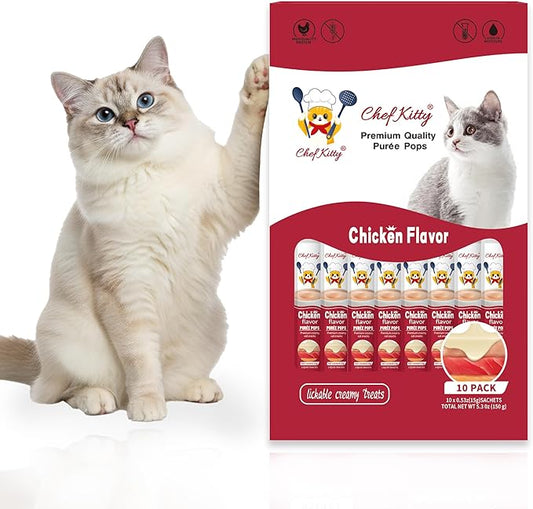 Purée Pops, Cat Treats, Grain-Free, Lickable, Squeezable Creamy Cat Treat/Topper with Vitamin E & Taurine, 0.5 Ounces Each Tube, 10 Tubes, Chicken Flavor